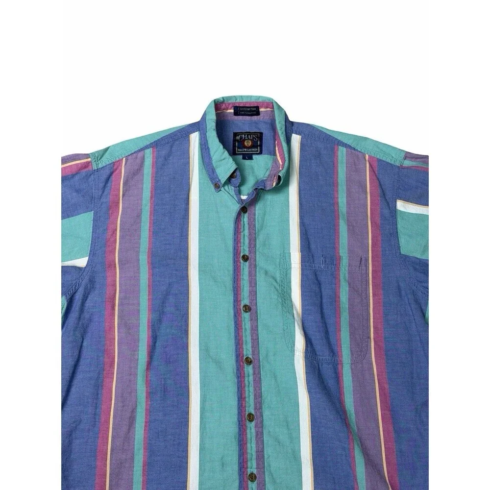 Vintage 90s Chaps Ralph Lauren Shirt L Men Color Striped Short Sleeve Crest Logo - Picture 2 of 9